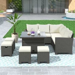 8 Piece Outdoor Conversation Set, Dining Table, 4 Ottoman Chairs with Cushions, Lounge Bench Seating