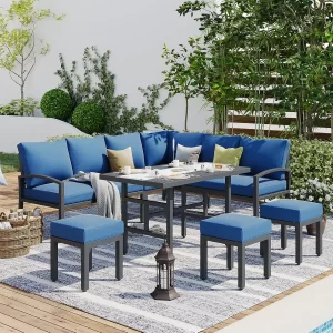 Metal Patio Furniture Set, 7 Pieces Modern Outdoor Conversation Set, Sectional Sofa with High Dining Table&Chair,  Cushions