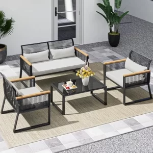 Garden Table, Set of 4, All Weather Rattan Loveseat with Wooden Armrests, Metal Side Table and Cushions, Patio Dining Set