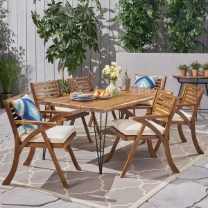 Blaine Patio Dining Set Acacia Wood Top and Chairs Iron Table Legs 6-Seater